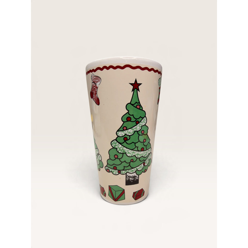 Christmas Tree Stocking Gifts Tall Stoneware Latte Mug 6 Inch Vintage 1990s