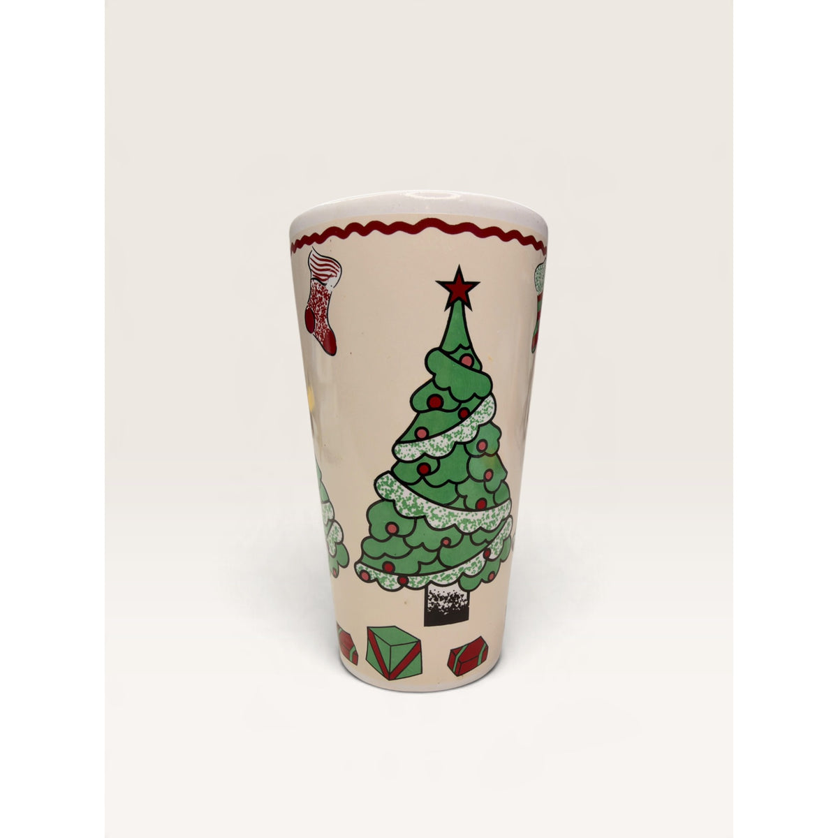 Christmas Tree Stocking Gifts Tall Stoneware Latte Mug 6 Inch Vintage 1990s