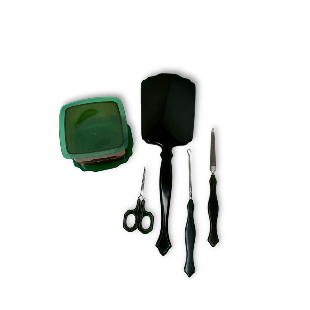 Vintage Agalin Supreme Green Bakelite Vanity Set Mirror Scissor File Button Hook