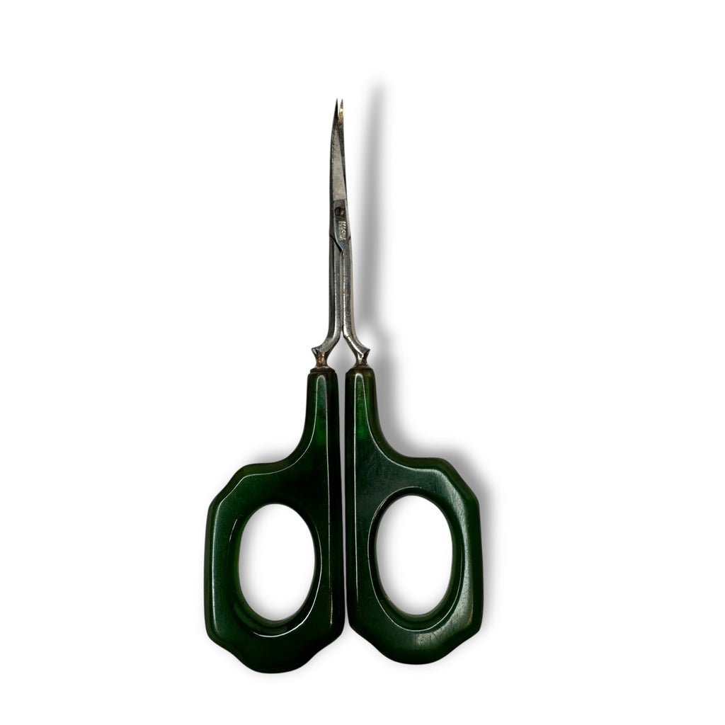 Vintage Agalin Supreme Green Bakelite Vanity Set Mirror Scissor File Button Hook