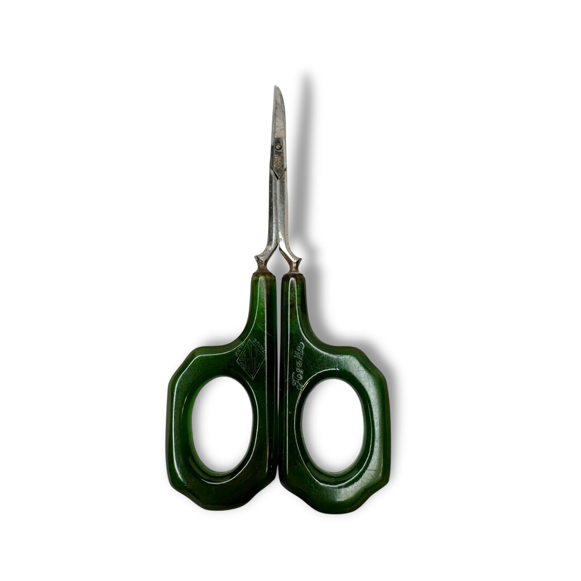 Vintage Agalin Supreme Green Bakelite Vanity Set Mirror Scissor File Button Hook