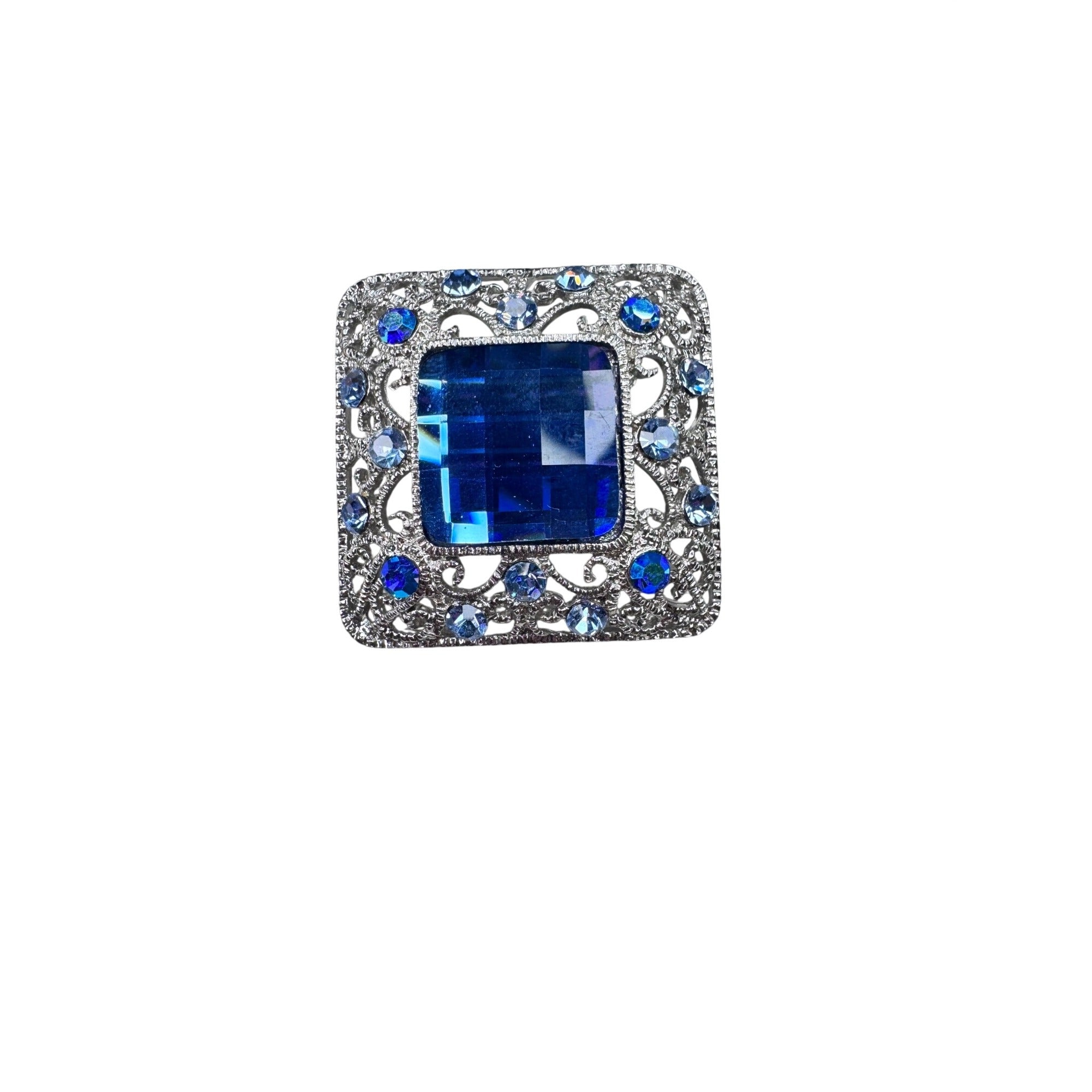 Unsigned Blue Crystal Square Brooch Silver Tone Filigree 2000s