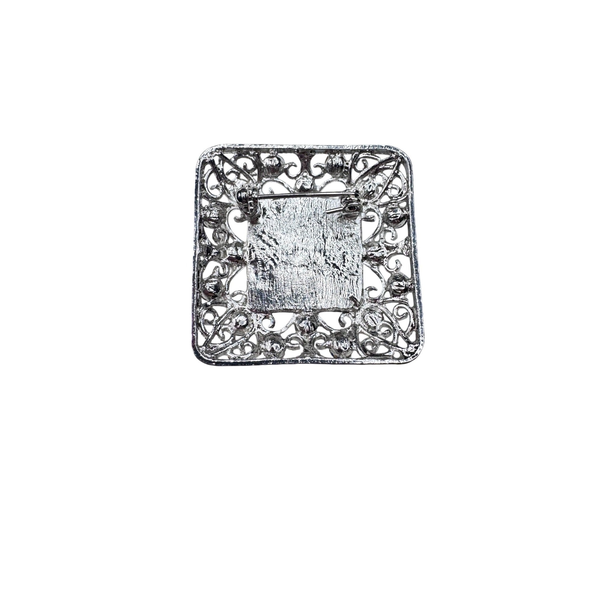 Unsigned Blue Crystal Square Brooch Silver Tone Filigree 2000s