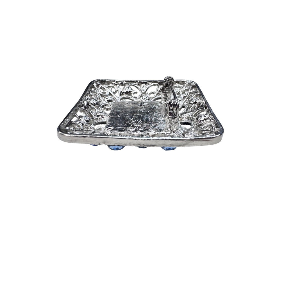 Unsigned Blue Crystal Square Brooch Silver Tone Filigree 2000s