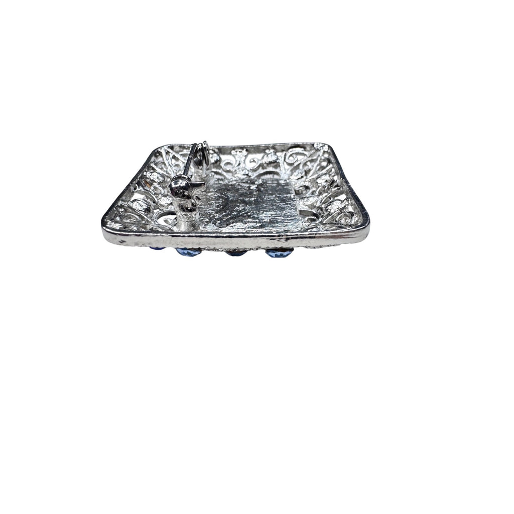 Unsigned Blue Crystal Square Brooch Silver Tone Filigree 2000s