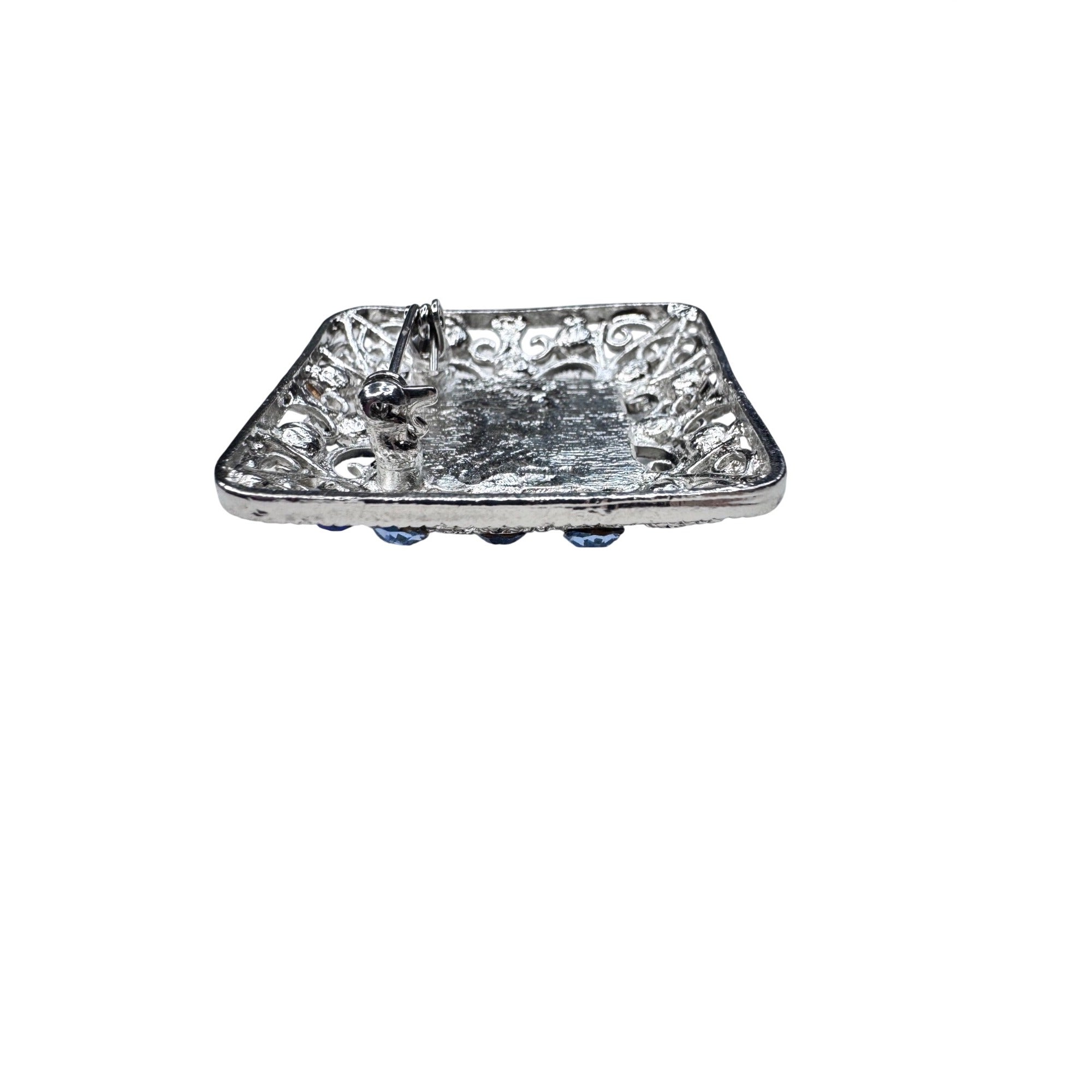 Unsigned Blue Crystal Square Brooch Silver Tone Filigree 2000s