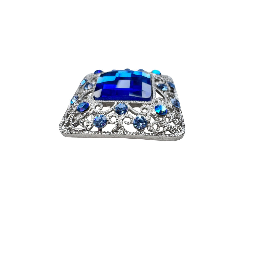 Unsigned Blue Crystal Square Brooch Silver Tone Filigree 2000s