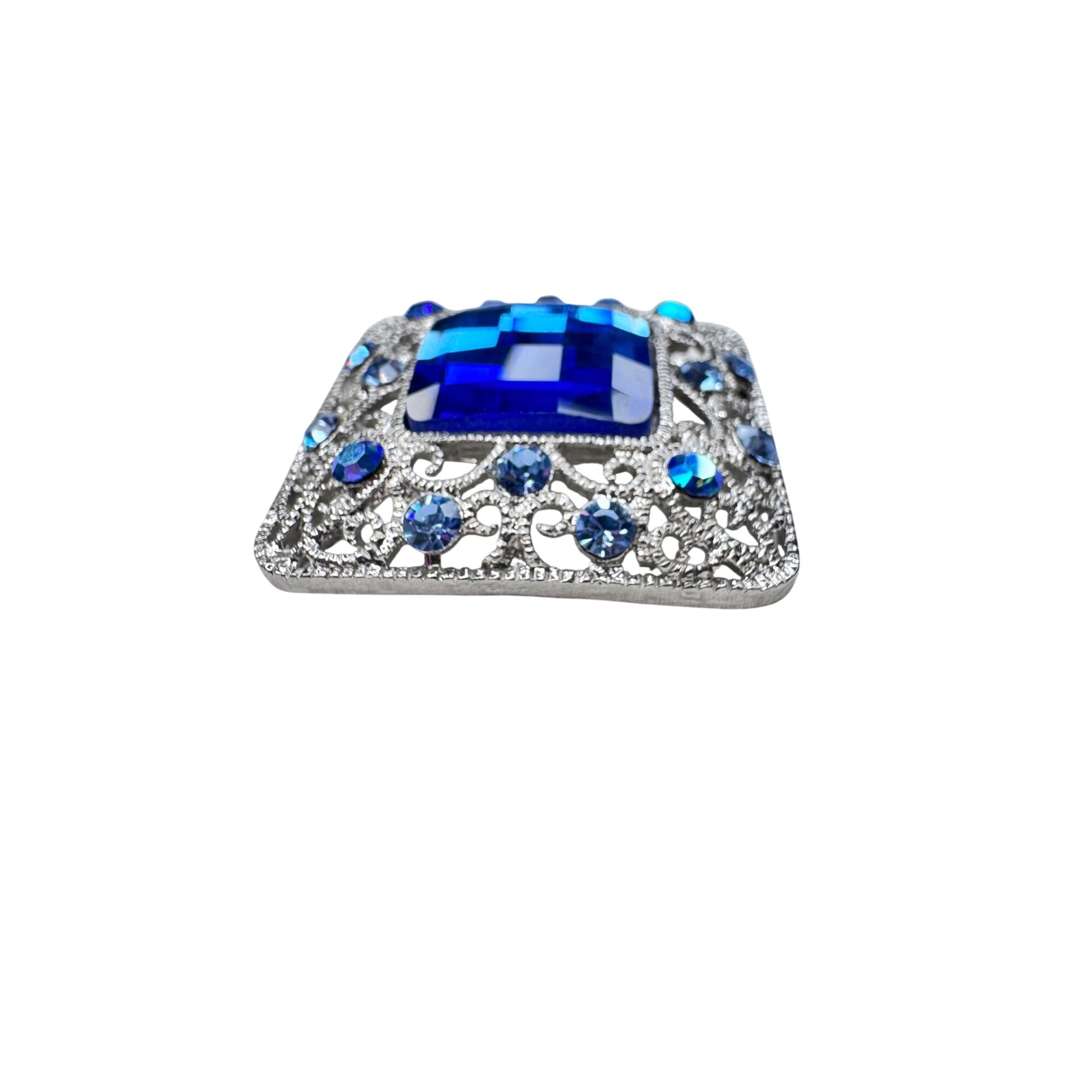Unsigned Blue Crystal Square Brooch Silver Tone Filigree 2000s