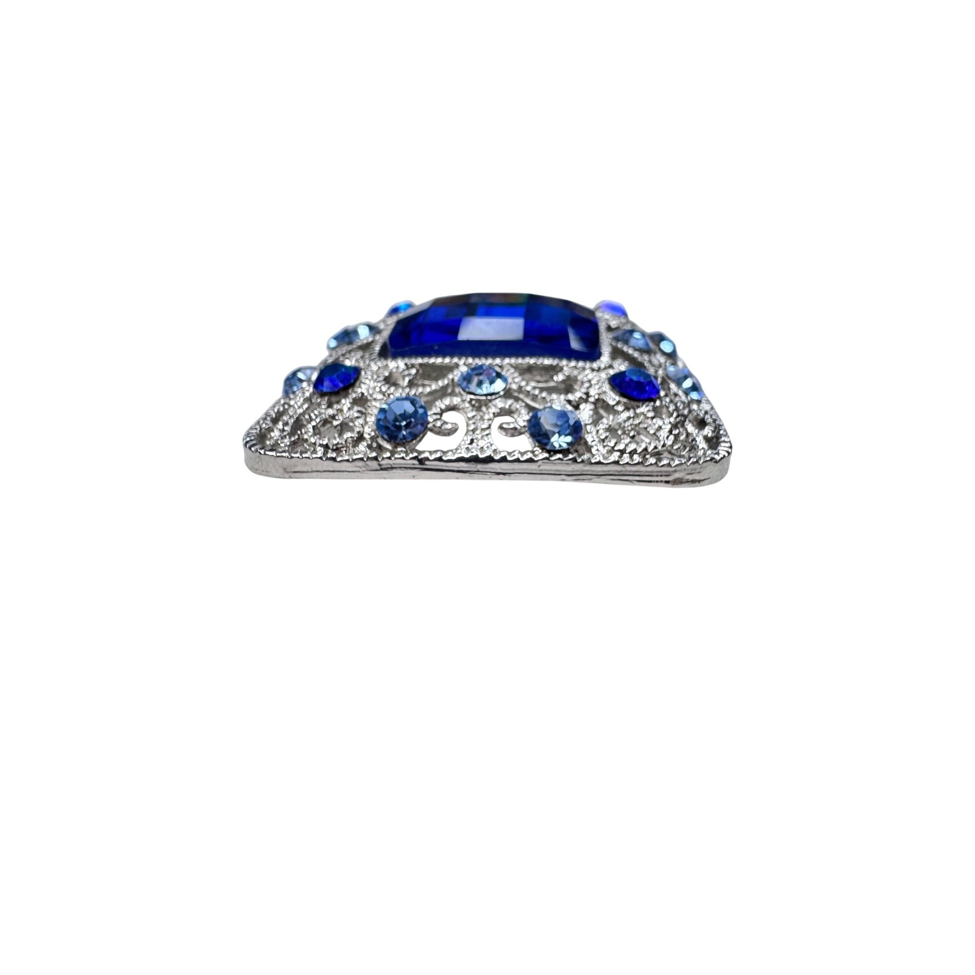 Unsigned Blue Crystal Square Brooch Silver Tone Filigree 2000s