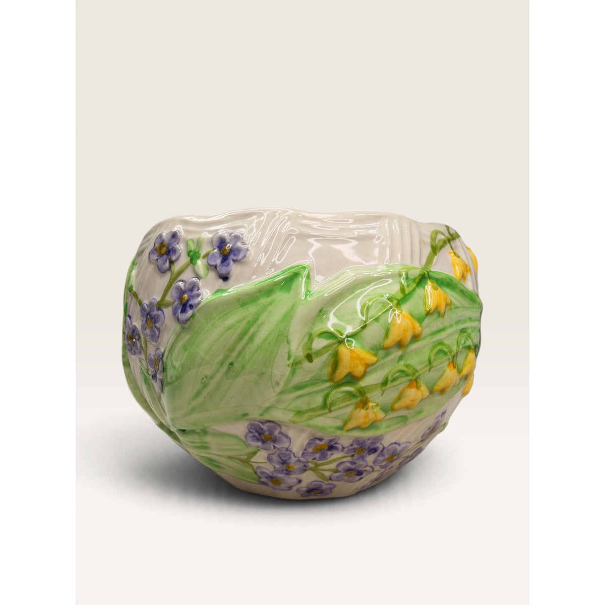 Vintage Portuguese Majolica Planter Bowl Floral Cachepot 80s