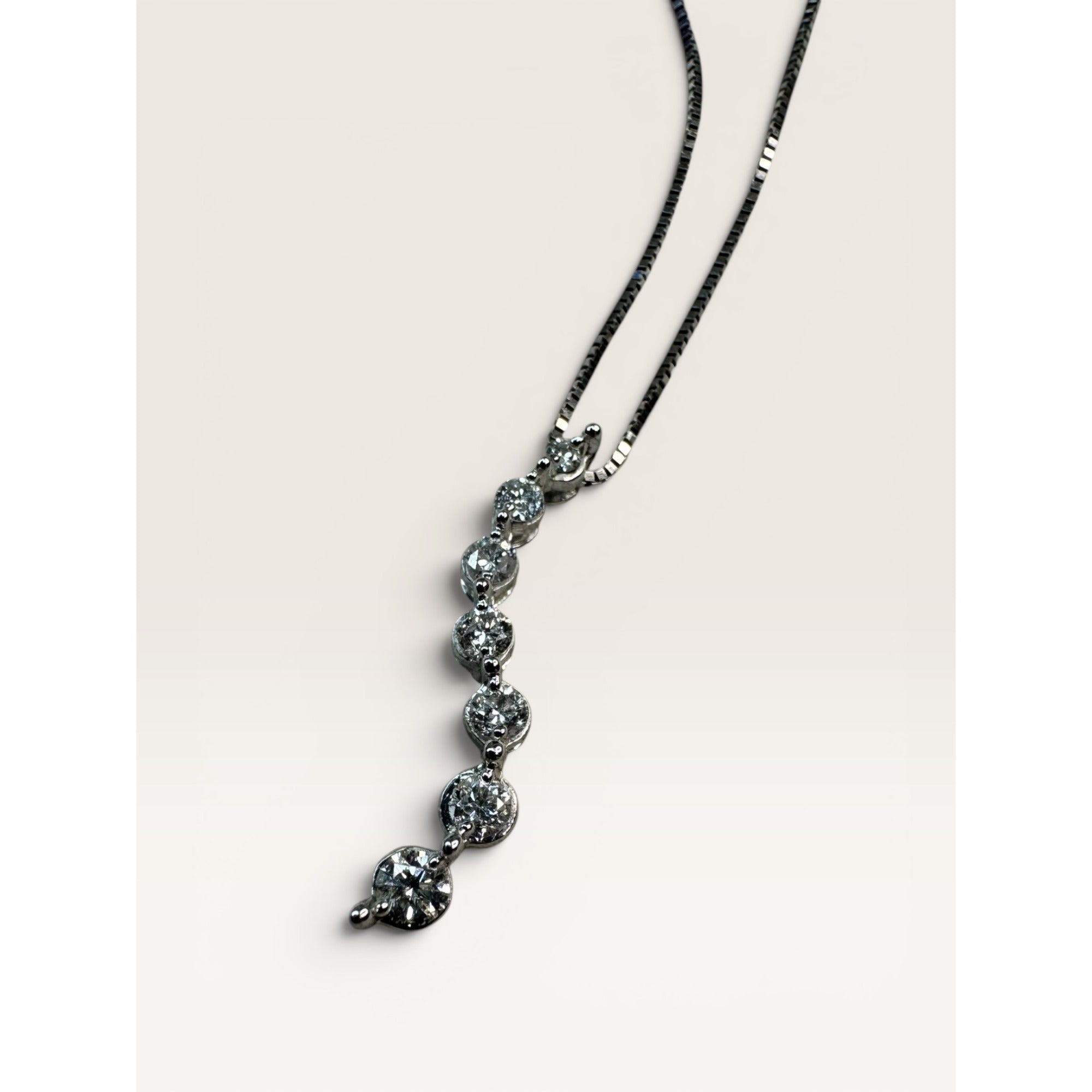 14K White Gold Diamond Journey Necklace 18 Inch Box Chain 6 Stone Pendant