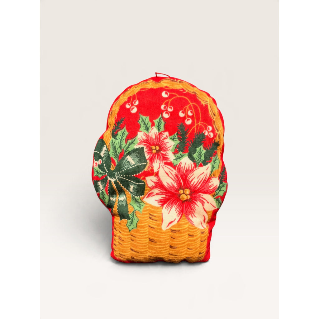 Vintage Fabric Poinsettia Basket Stuffed Christmas Ornament Pillow