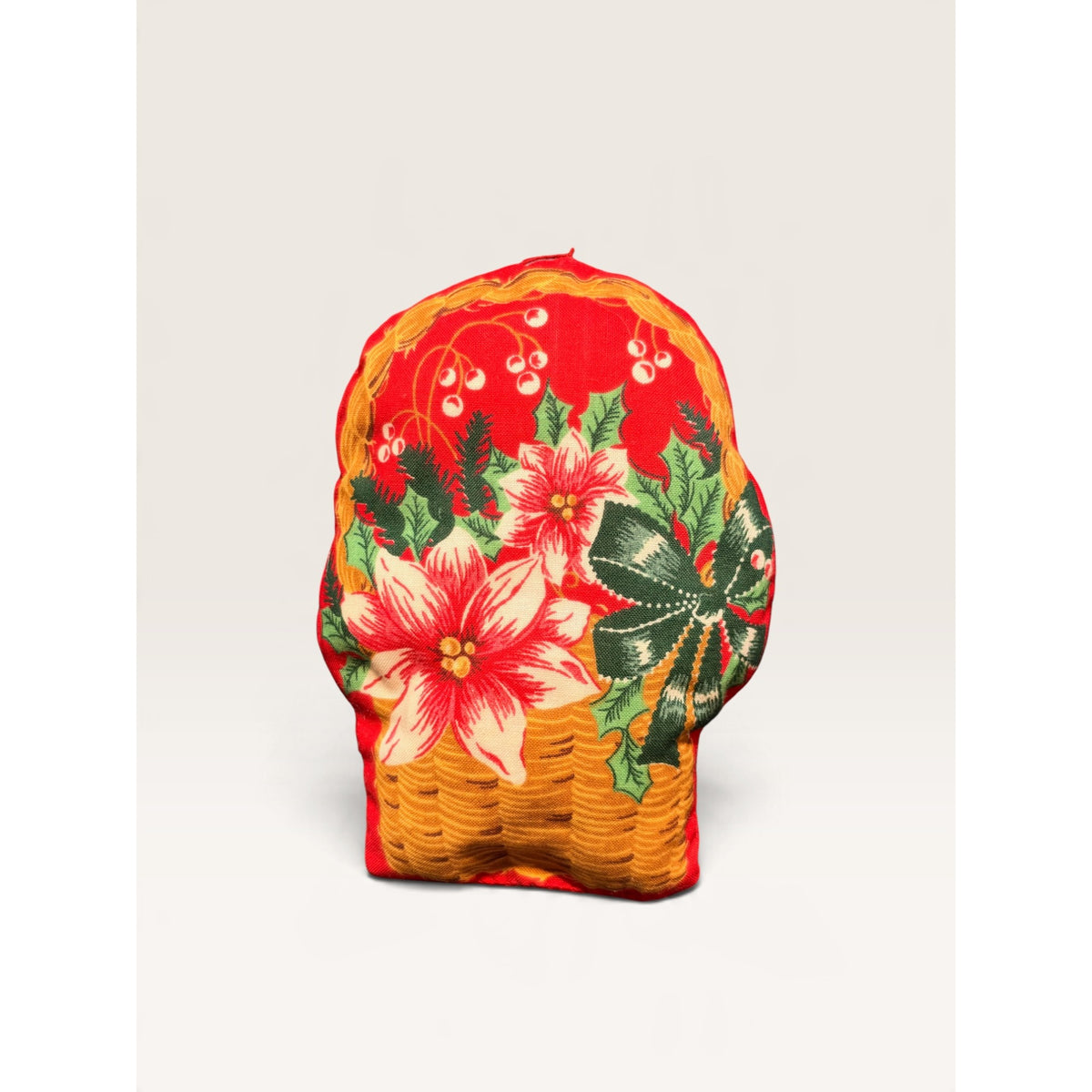 Vintage Fabric Poinsettia Basket Stuffed Christmas Ornament Pillow