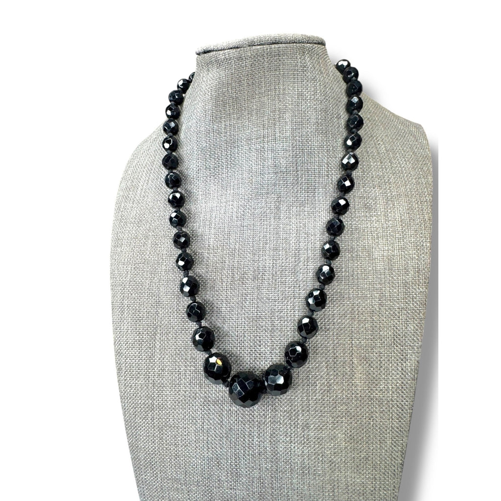 Austria Jet Black Crystal Hand Knotted Necklace 15.25" - 17.75" Vintage