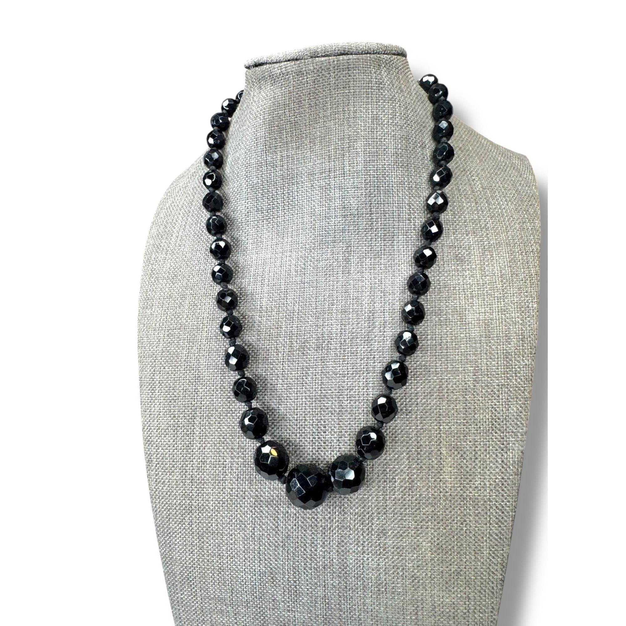 Austria Jet Black Crystal Hand Knotted Necklace 15.25" - 17.75" Vintage