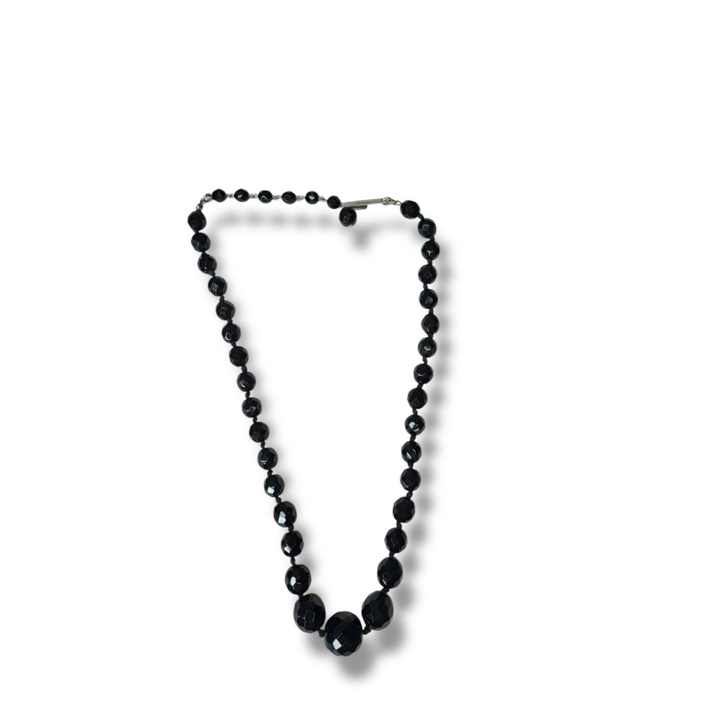 Austria Jet Black Crystal Hand Knotted Necklace 15.25" - 17.75" Vintage