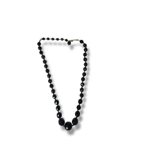 Austria Jet Black Crystal Hand Knotted Necklace 15.25" - 17.75" Vintage