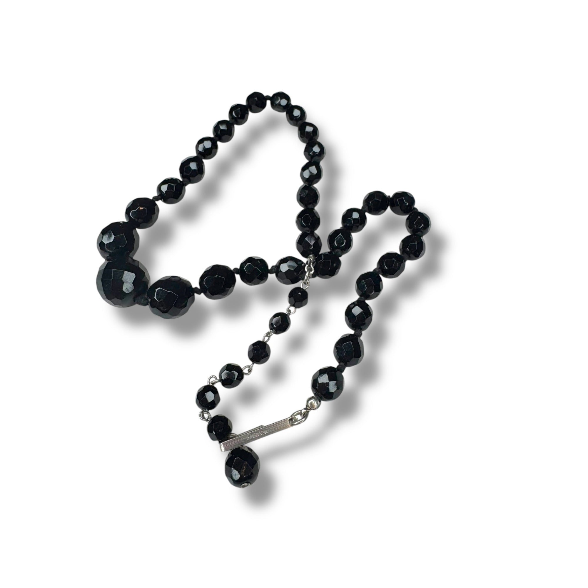 Austria Jet Black Crystal Hand Knotted Necklace 15.25" - 17.75" Vintage