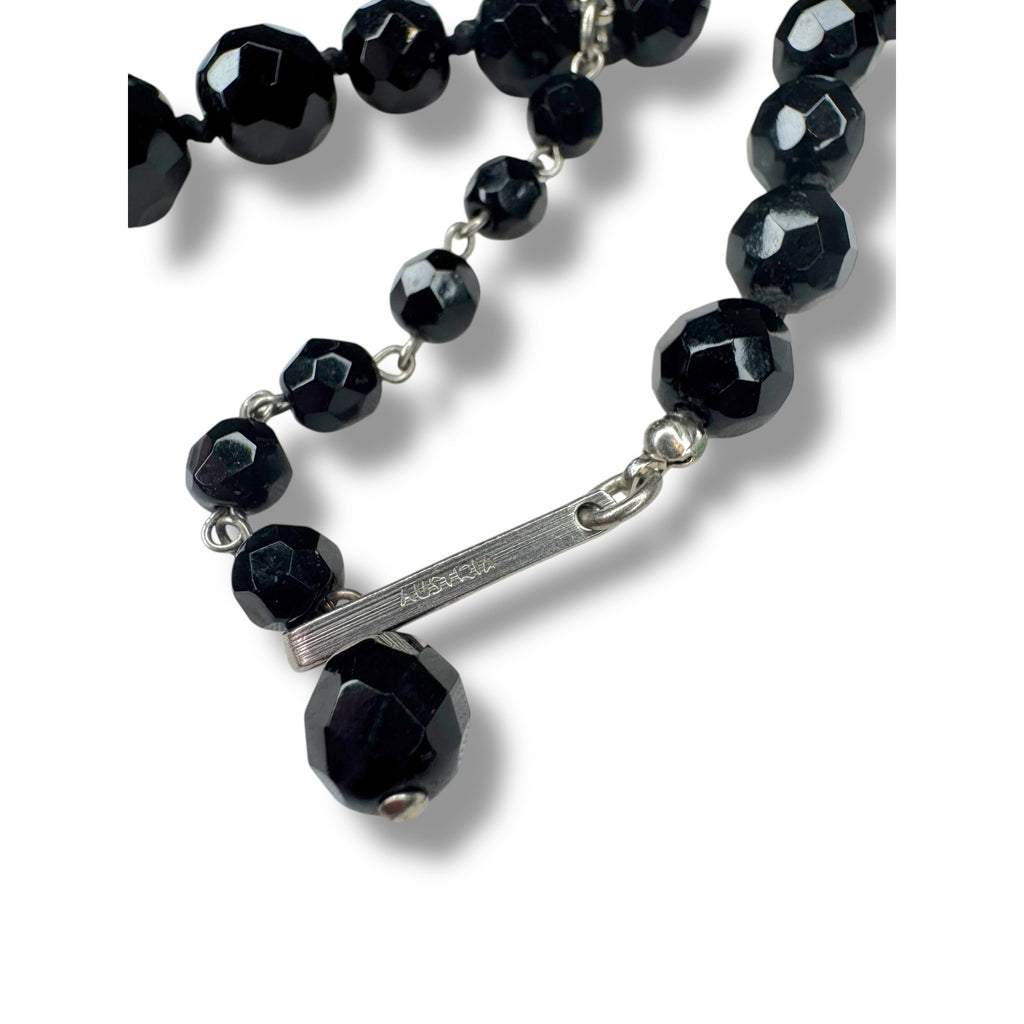 Austria Jet Black Crystal Hand Knotted Necklace 15.25" - 17.75" Vintage