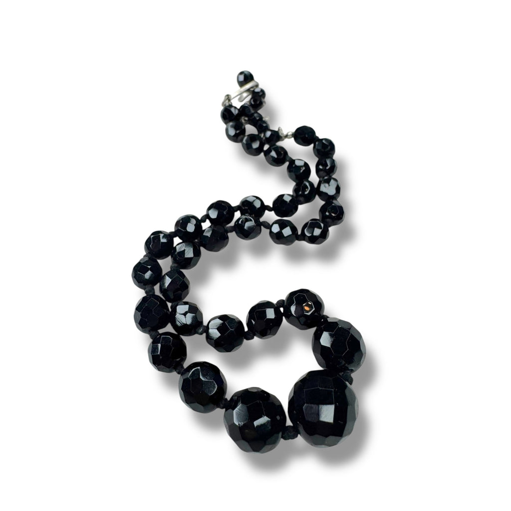 Austria Jet Black Crystal Hand Knotted Necklace 15.25" - 17.75" Vintage