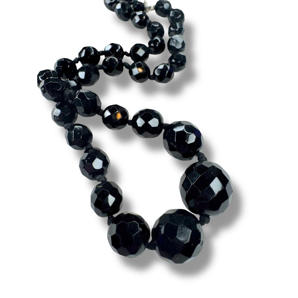Austria Jet Black Crystal Hand Knotted Necklace 15.25" - 17.75" Vintage