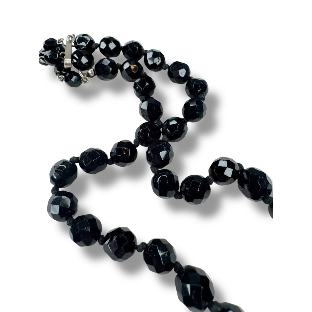 Austria Jet Black Crystal Hand Knotted Necklace 15.25" - 17.75" Vintage