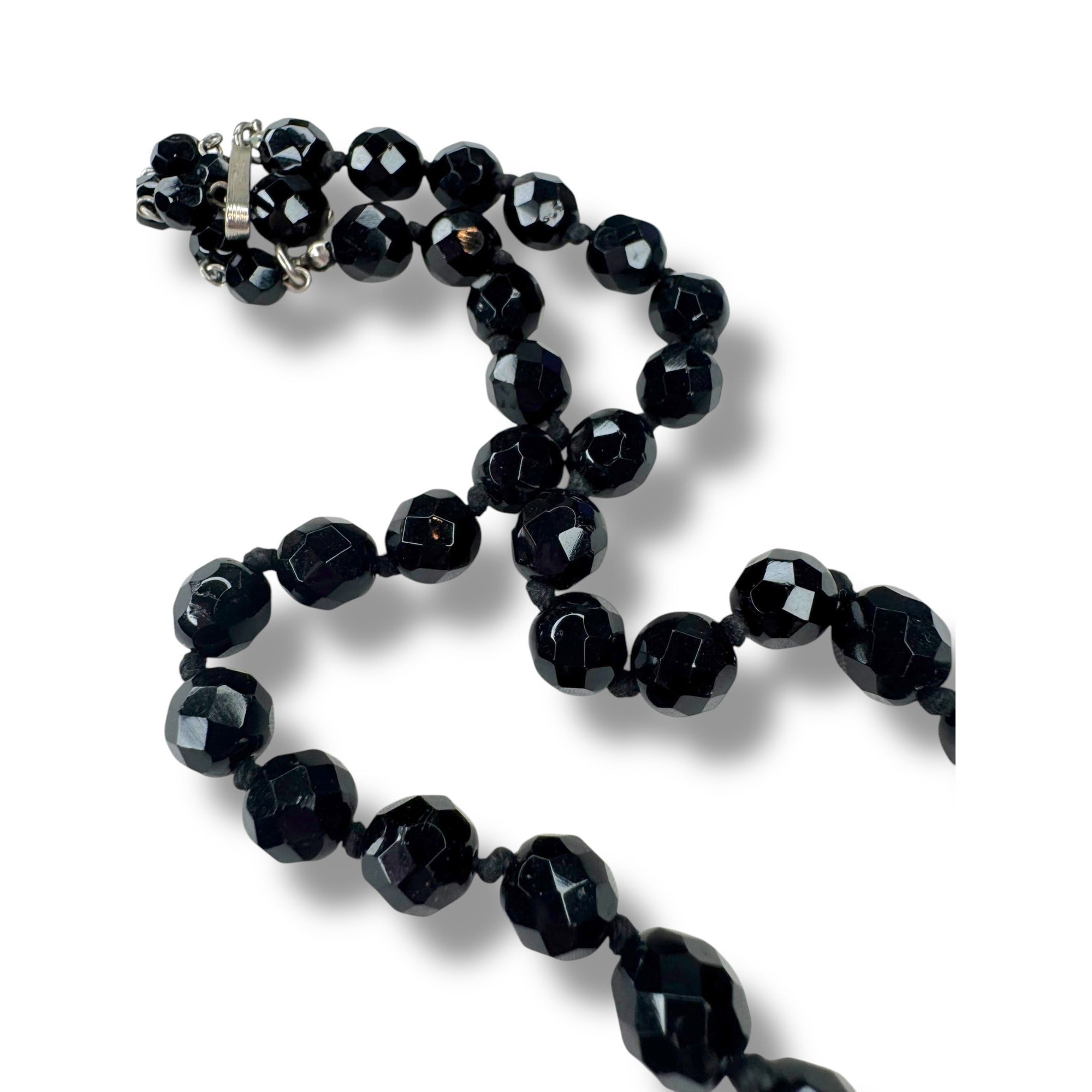 Austria Jet Black Crystal Hand Knotted Necklace 15.25" - 17.75" Vintage