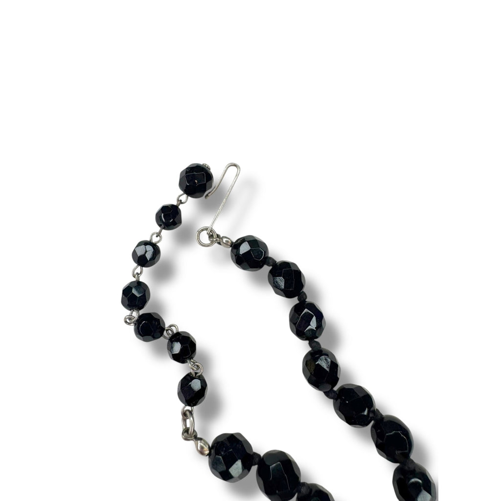 Austria Jet Black Crystal Hand Knotted Necklace 15.25" - 17.75" Vintage