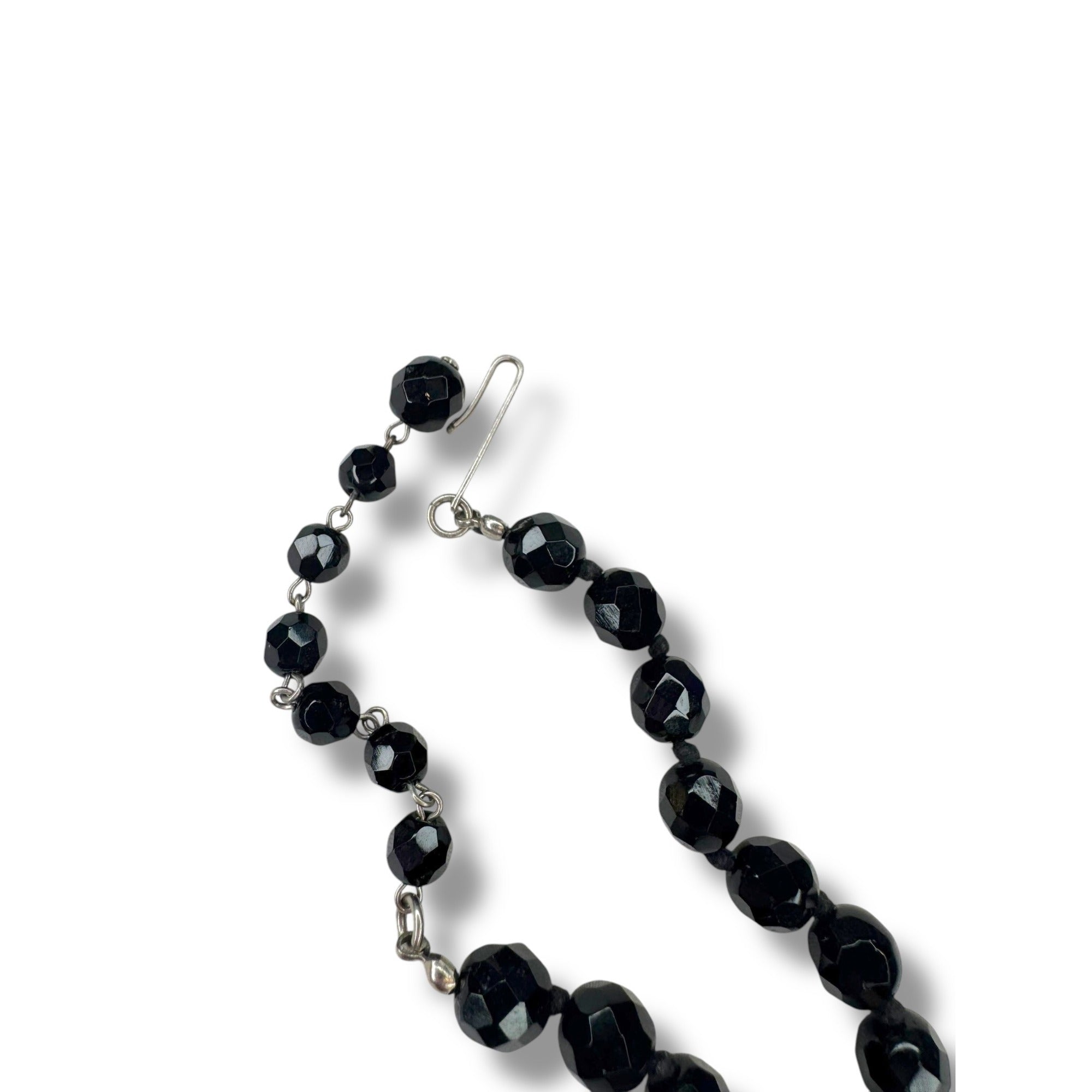 Austria Jet Black Crystal Hand Knotted Necklace 15.25" - 17.75" Vintage