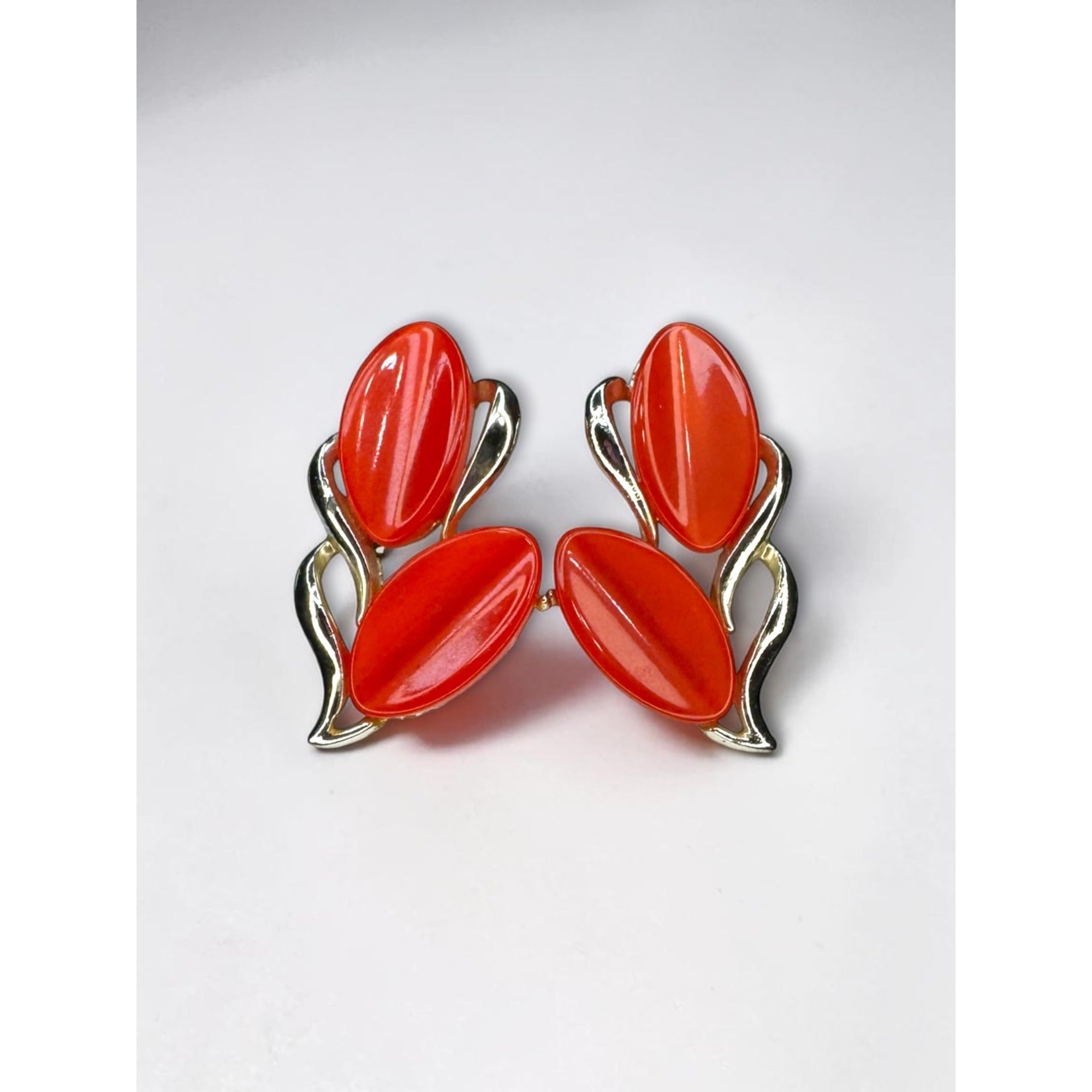 Thermoset Orange Red Climber Clip On Earrings Gold Tone 1960s Vintage