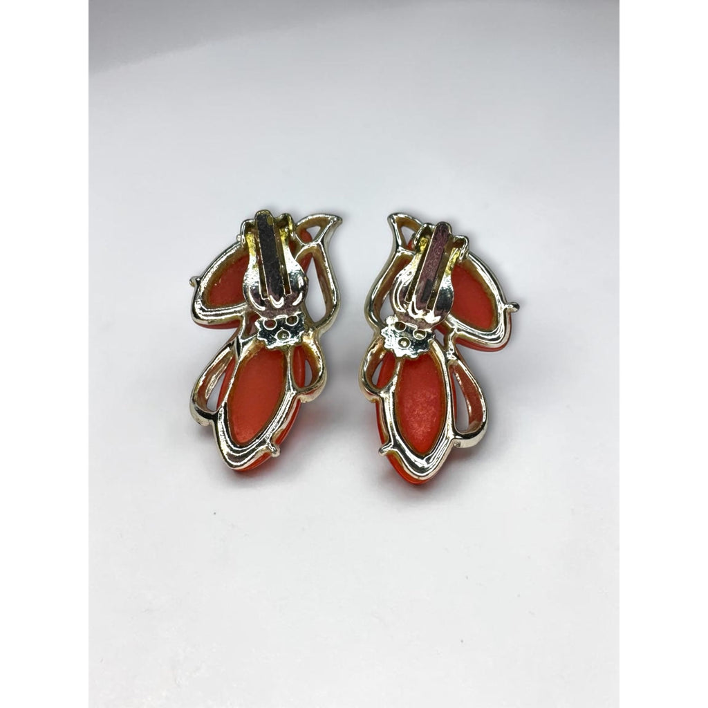 Thermoset Orange Red Climber Clip On Earrings Gold Tone 1960s Vintage