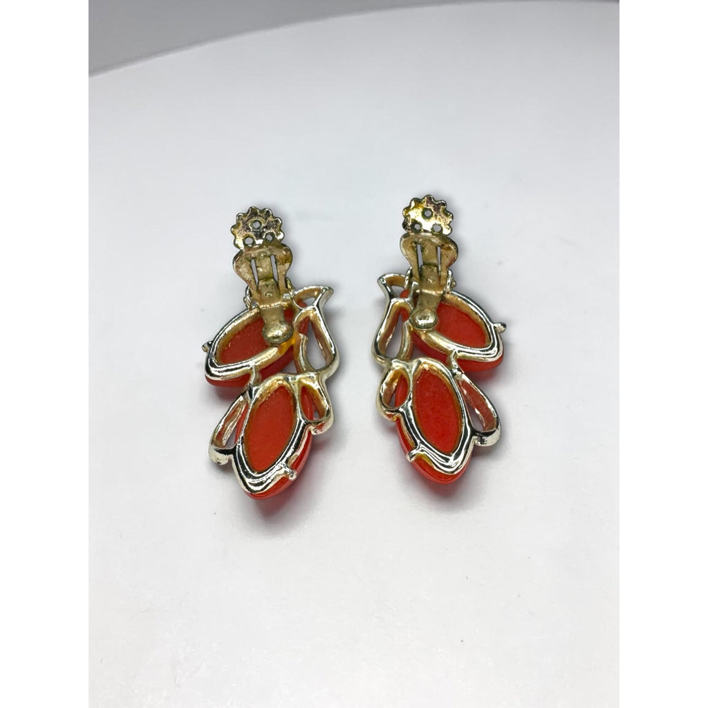 Thermoset Orange Red Climber Clip On Earrings Gold Tone 1960s Vintage