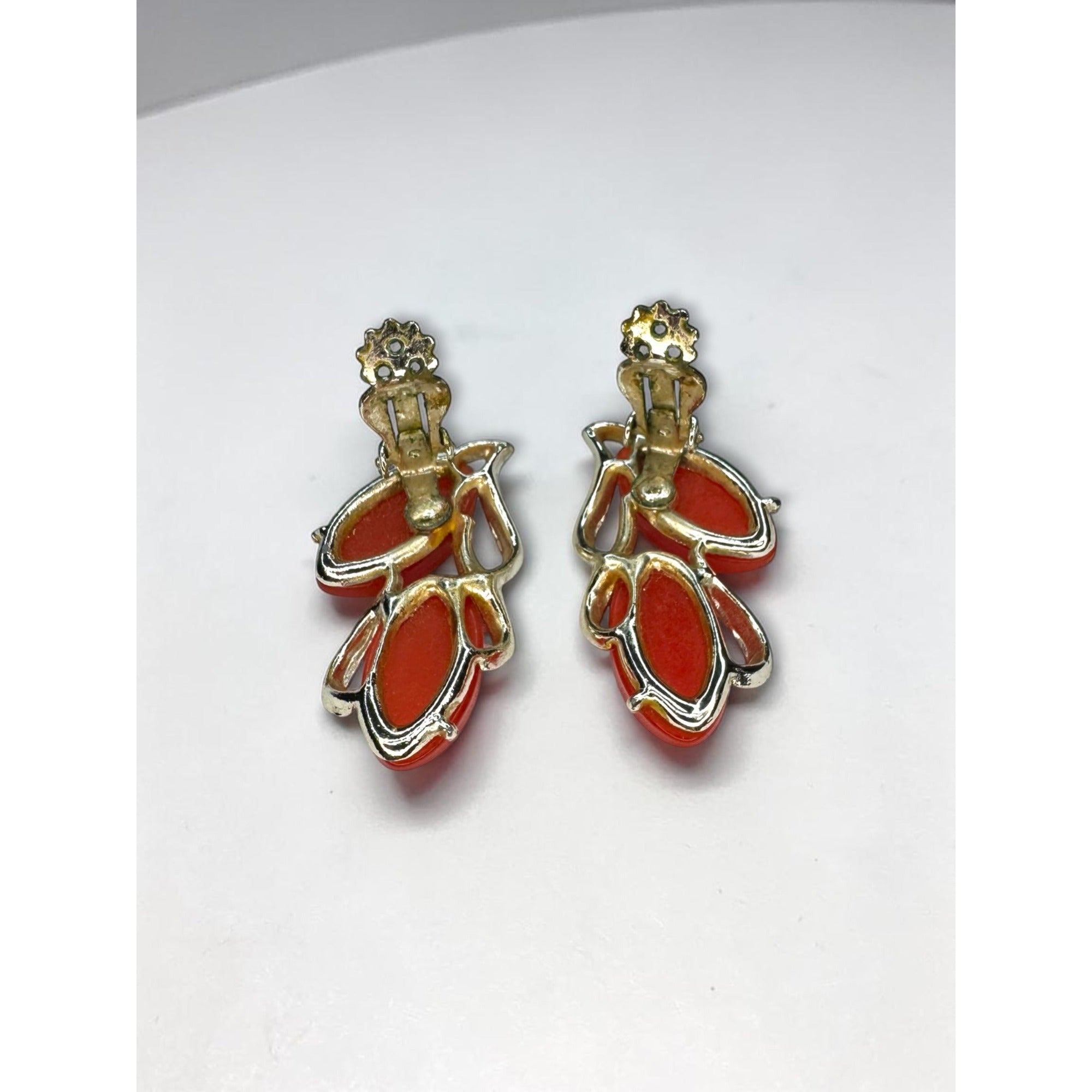Thermoset Orange Red Climber Clip On Earrings Gold Tone 1960s Vintage