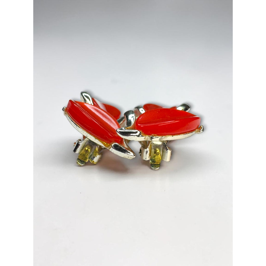 Thermoset Orange Red Climber Clip On Earrings Gold Tone 1960s Vintage