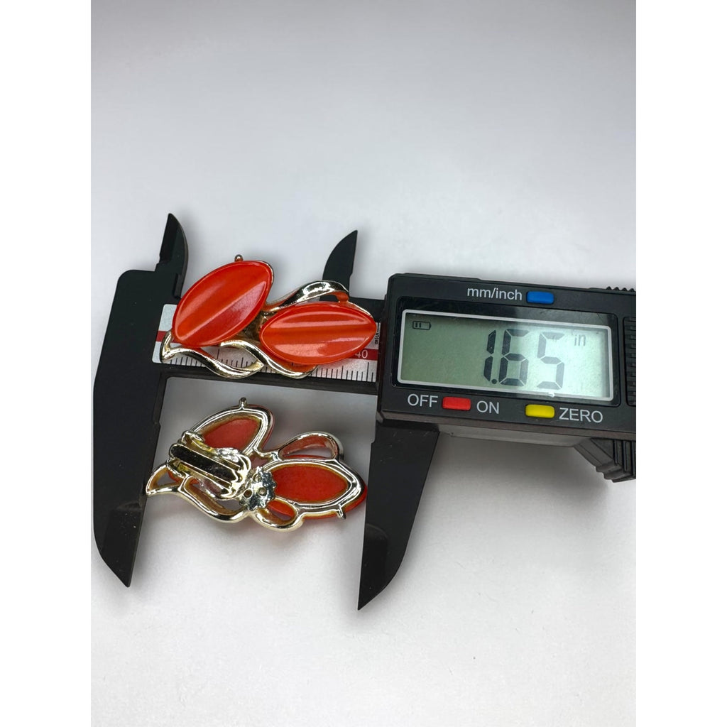 Thermoset Orange Red Climber Clip On Earrings Gold Tone 1960s Vintage