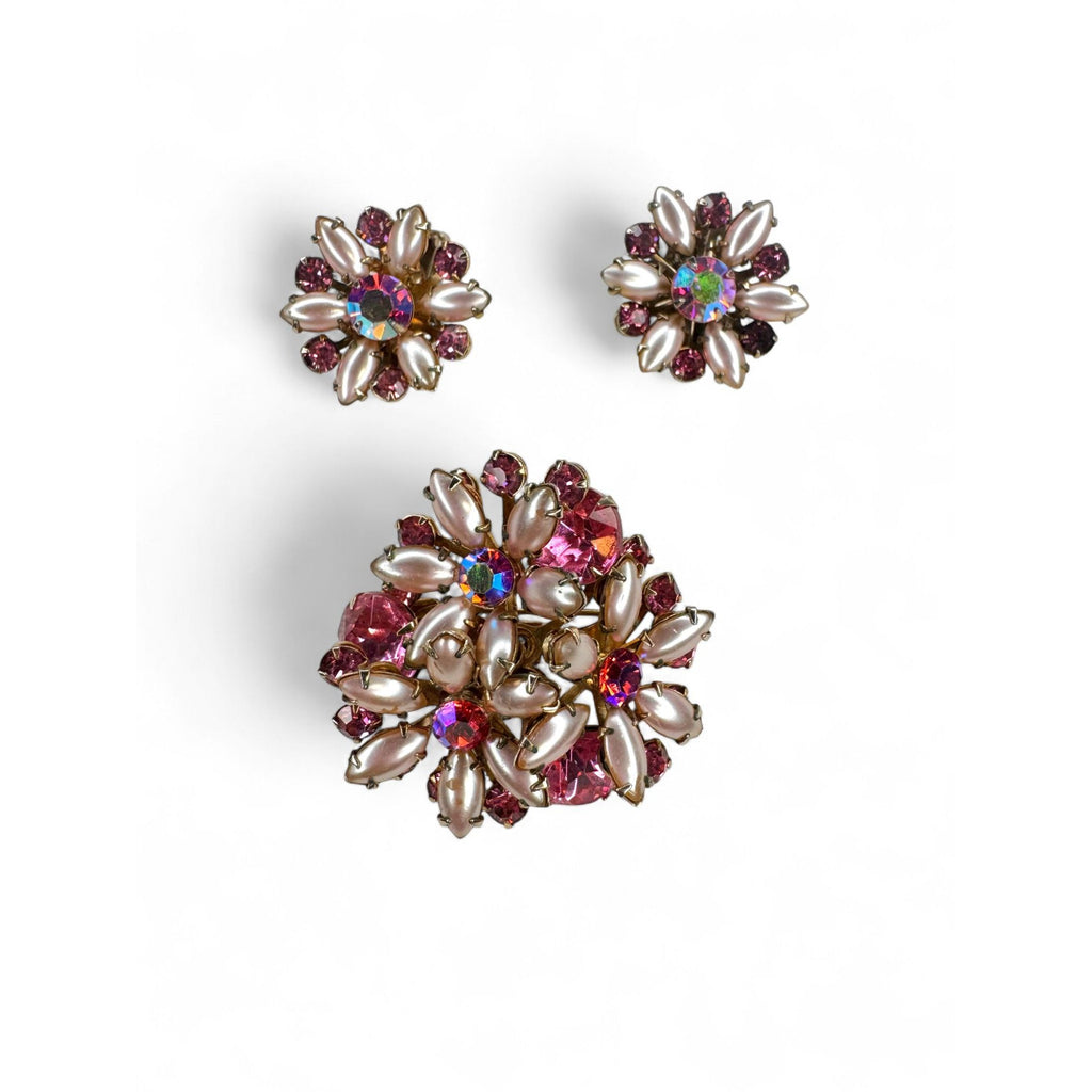 Vintage Flower Brooch Clip On Earrings Set Pink Crystal Faux Pearls