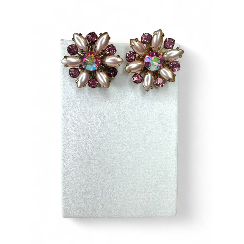 Vintage Flower Brooch Clip On Earrings Set Pink Crystal Faux Pearls