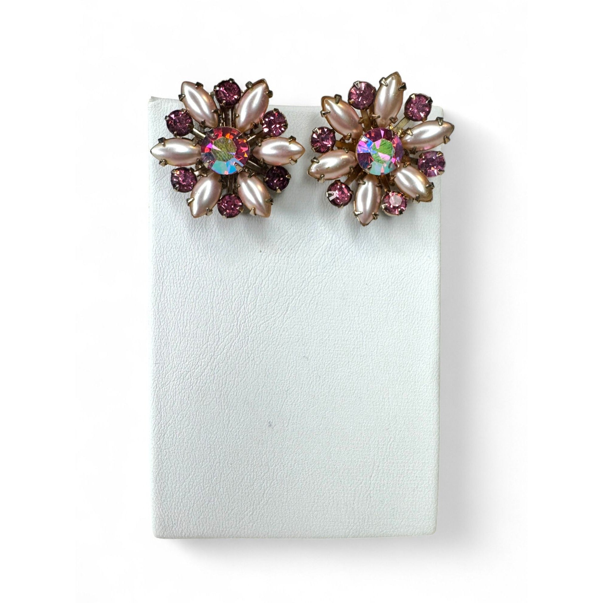 Vintage Flower Brooch Clip On Earrings Set Pink Crystal Faux Pearls
