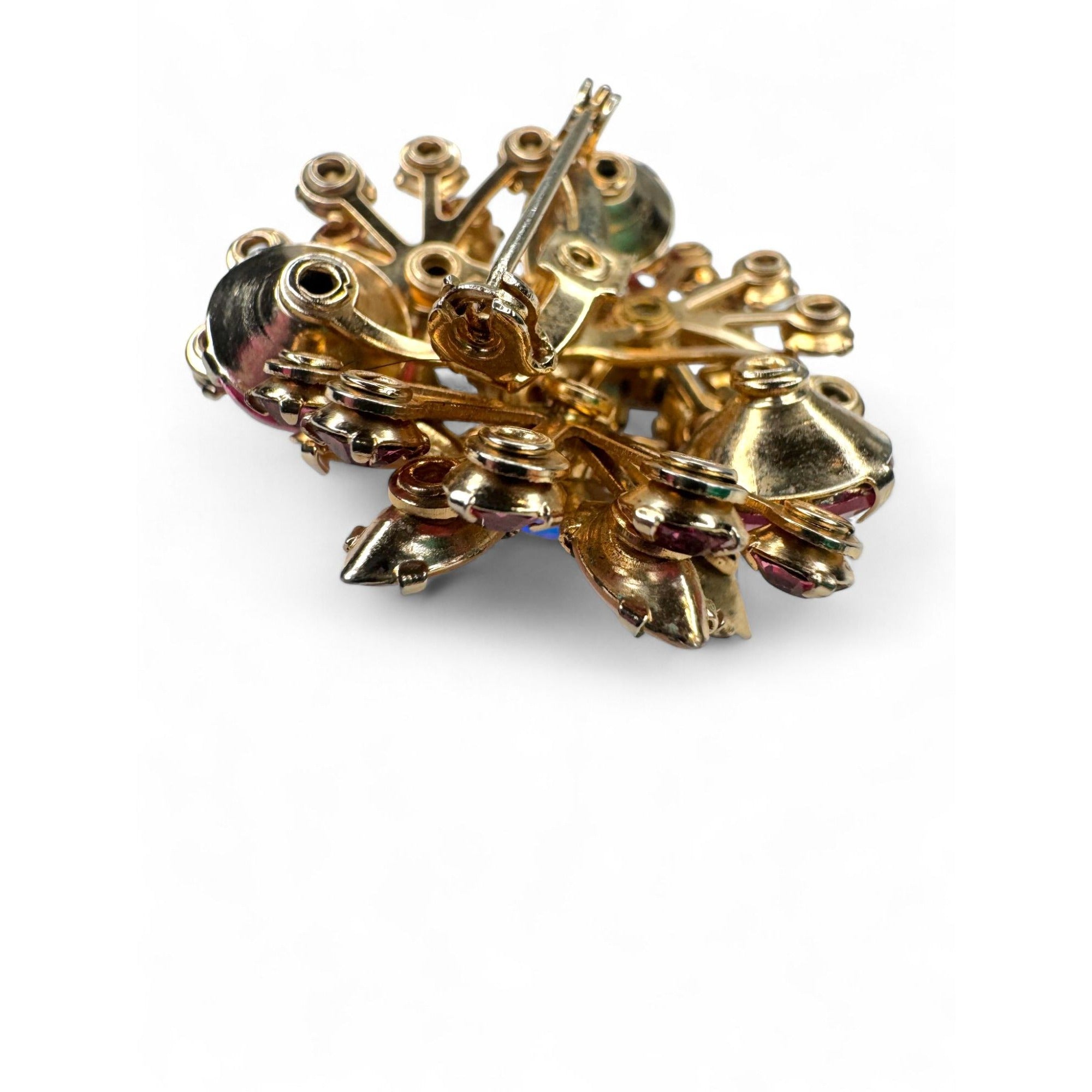 Vintage Flower Brooch Clip On Earrings Set Pink Crystal Faux Pearls