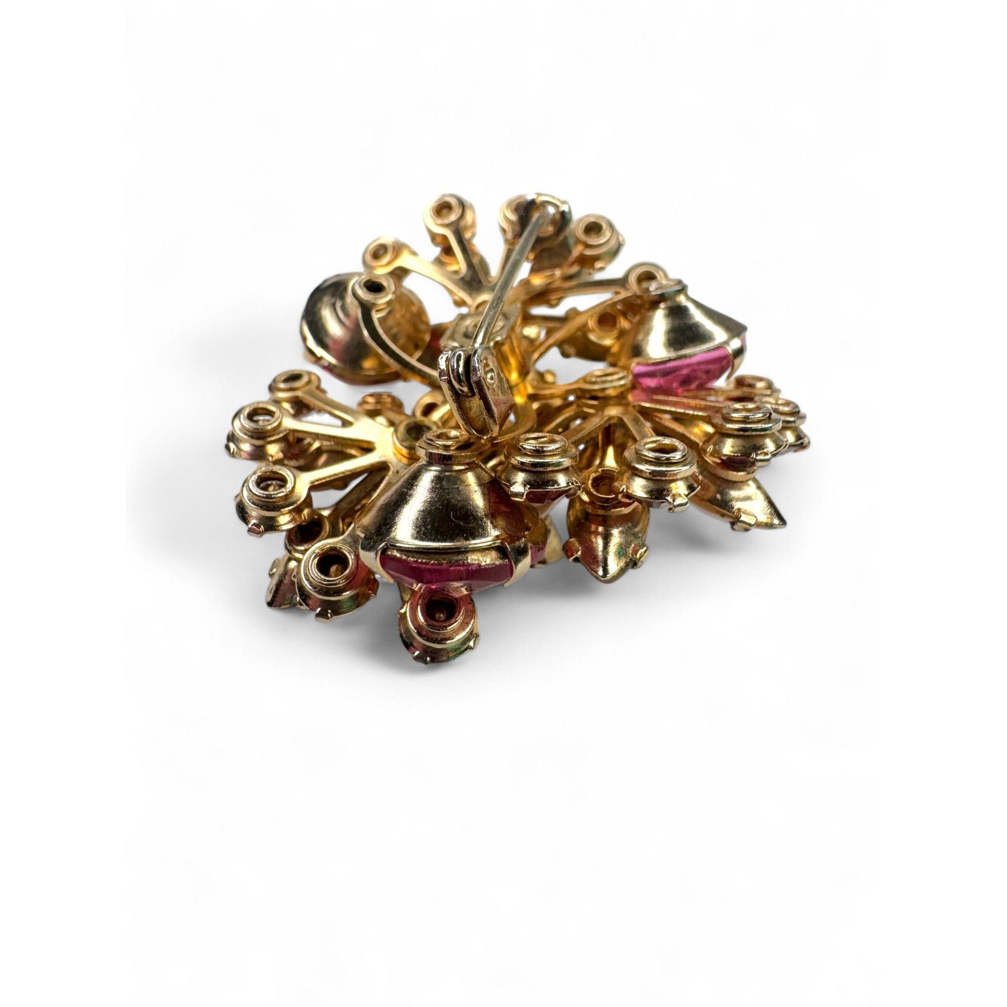 Vintage Flower Brooch Clip On Earrings Set Pink Crystal Faux Pearls