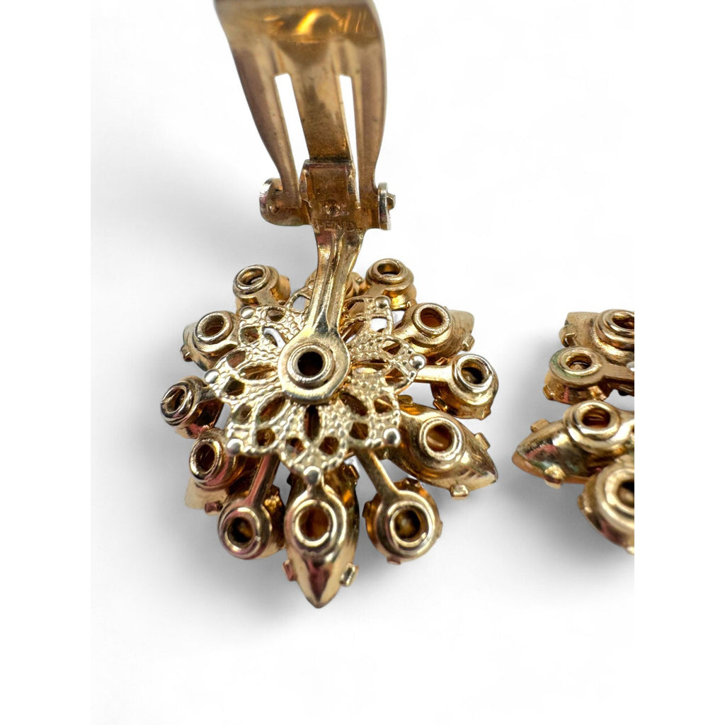 Vintage Flower Brooch Clip On Earrings Set Pink Crystal Faux Pearls