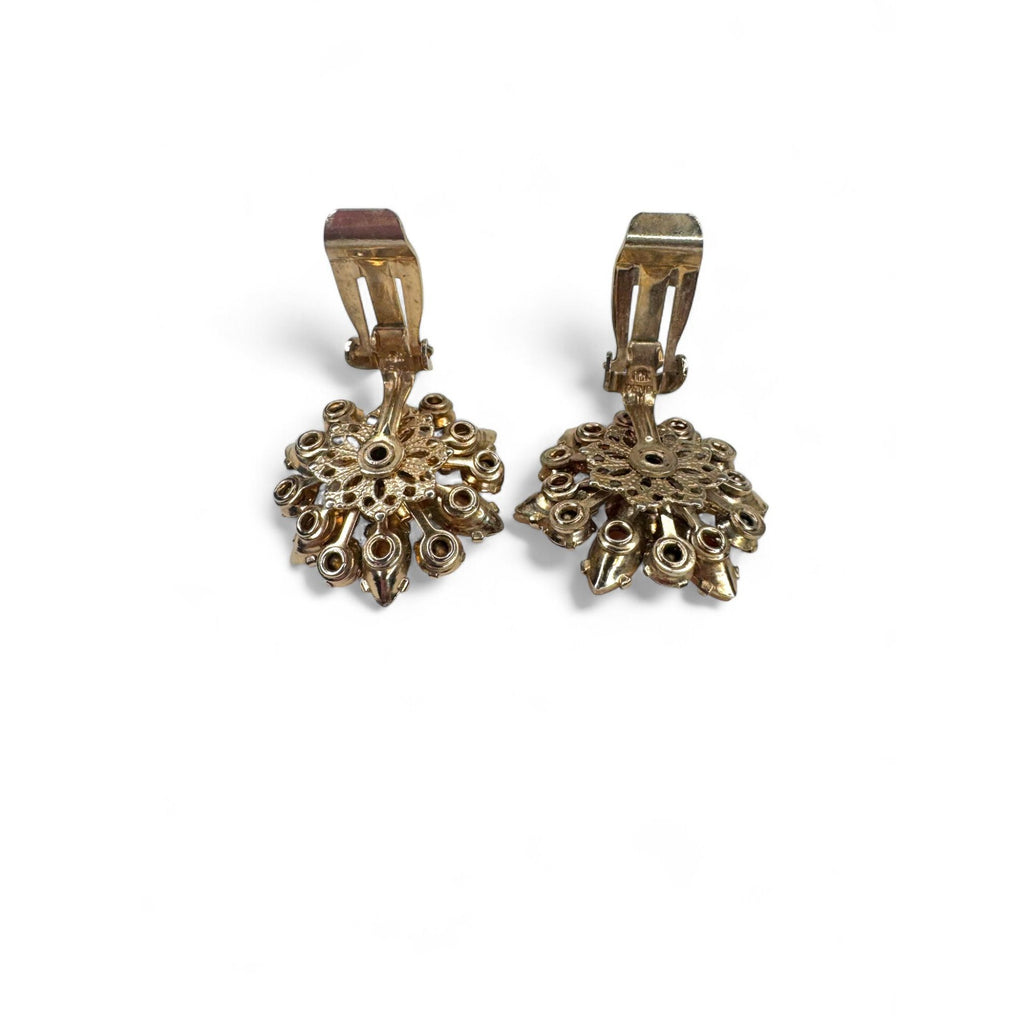 Vintage Flower Brooch Clip On Earrings Set Pink Crystal Faux Pearls