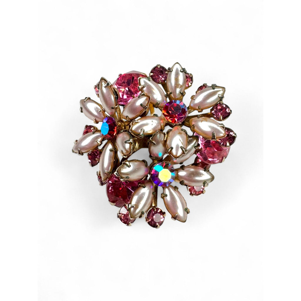Vintage Flower Brooch Clip On Earrings Set Pink Crystal Faux Pearls