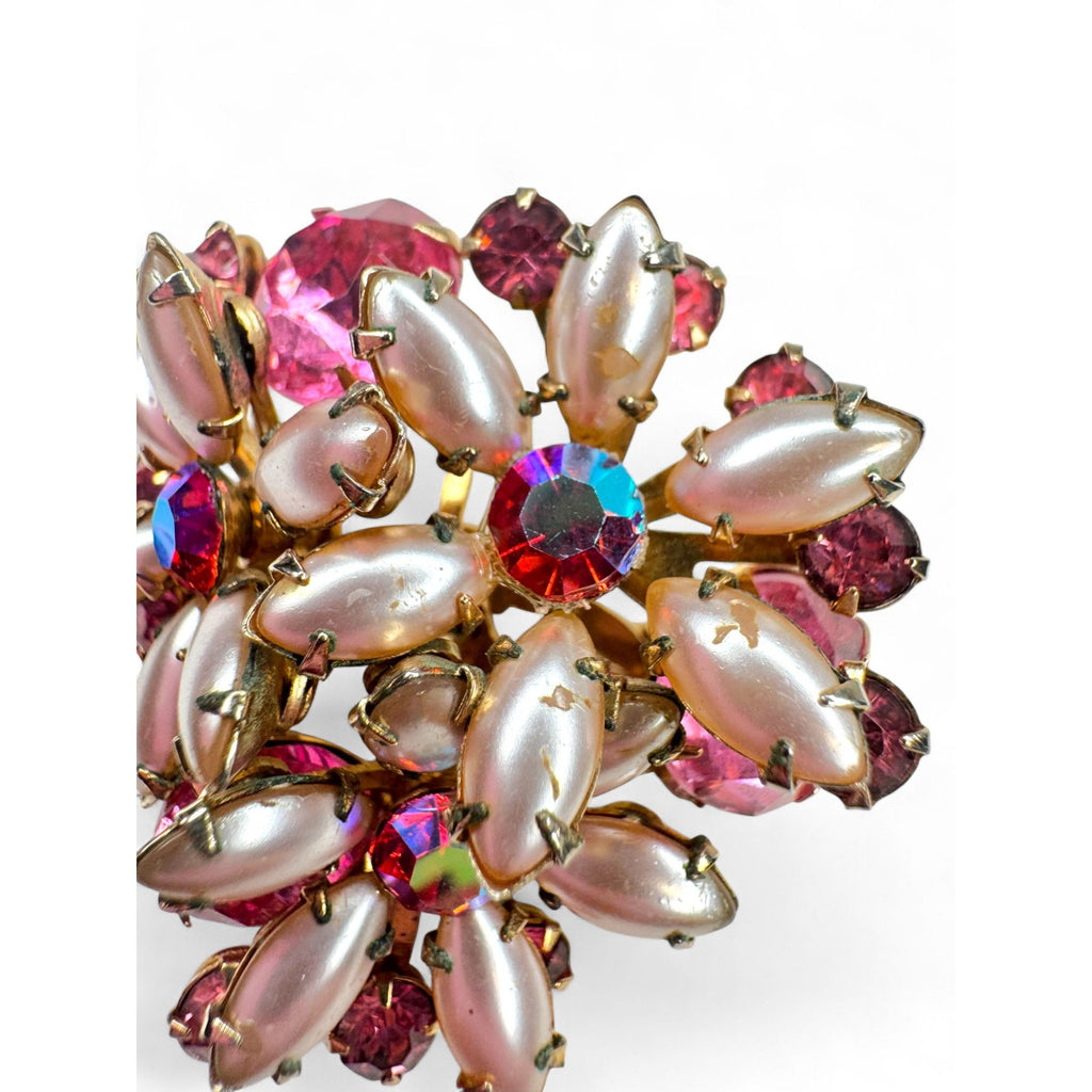 Vintage Flower Brooch Clip On Earrings Set Pink Crystal Faux Pearls