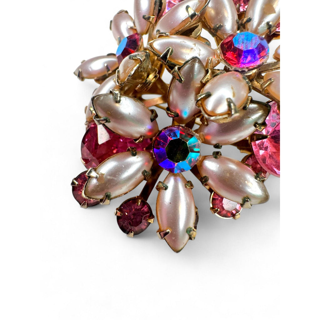 Vintage Flower Brooch Clip On Earrings Set Pink Crystal Faux Pearls