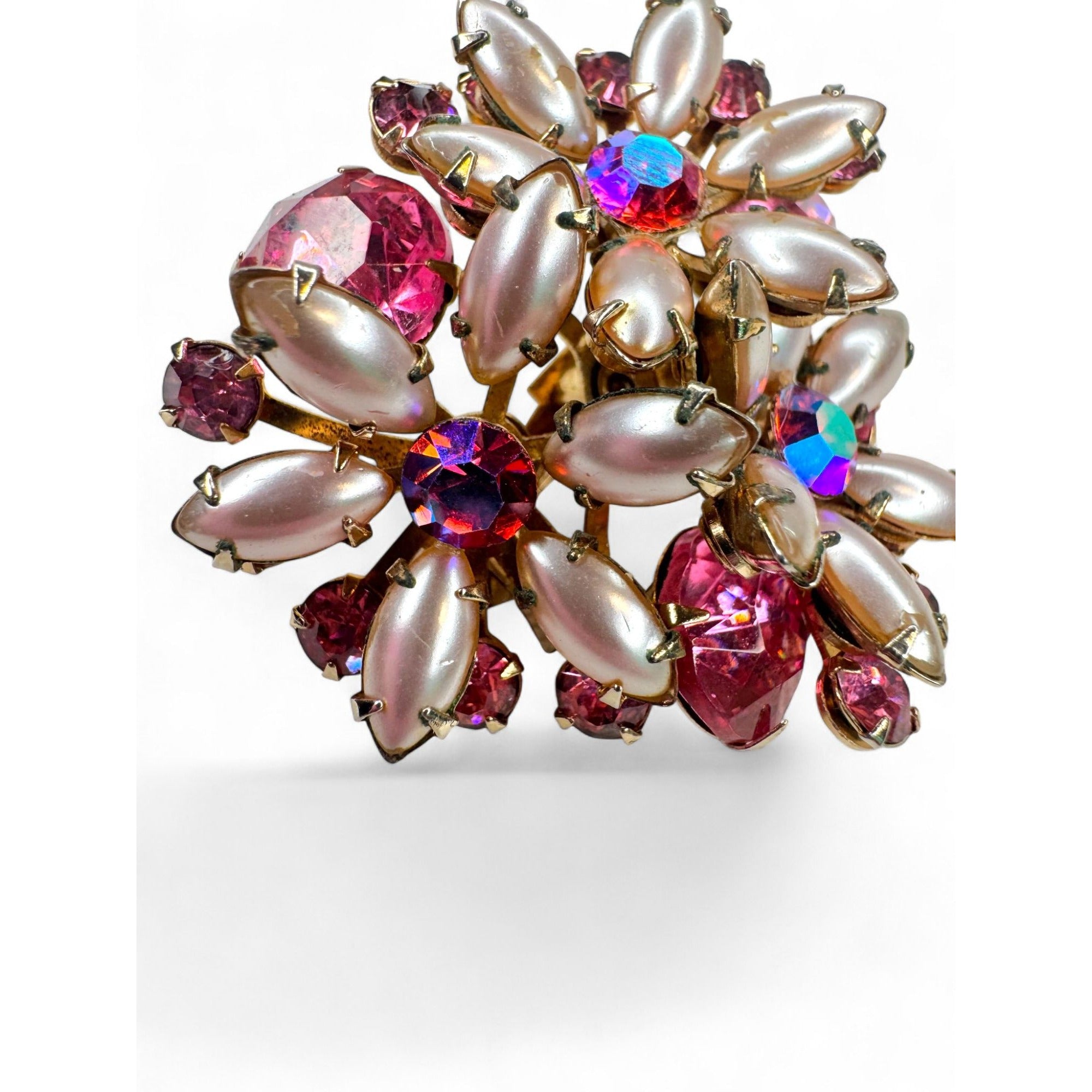 Vintage Flower Brooch Clip On Earrings Set Pink Crystal Faux Pearls