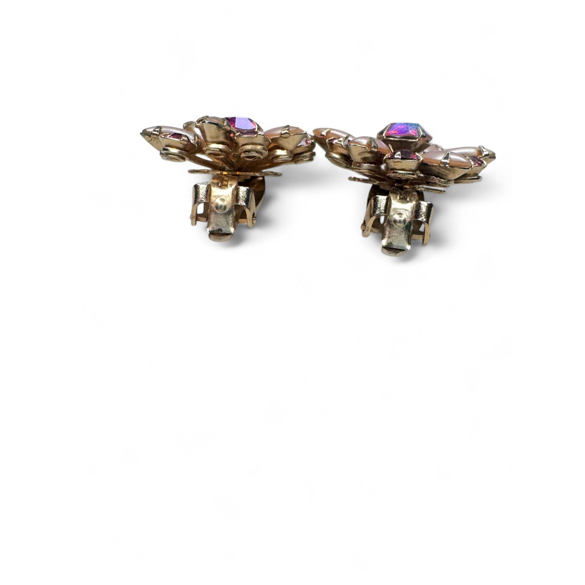 Vintage Flower Brooch Clip On Earrings Set Pink Crystal Faux Pearls