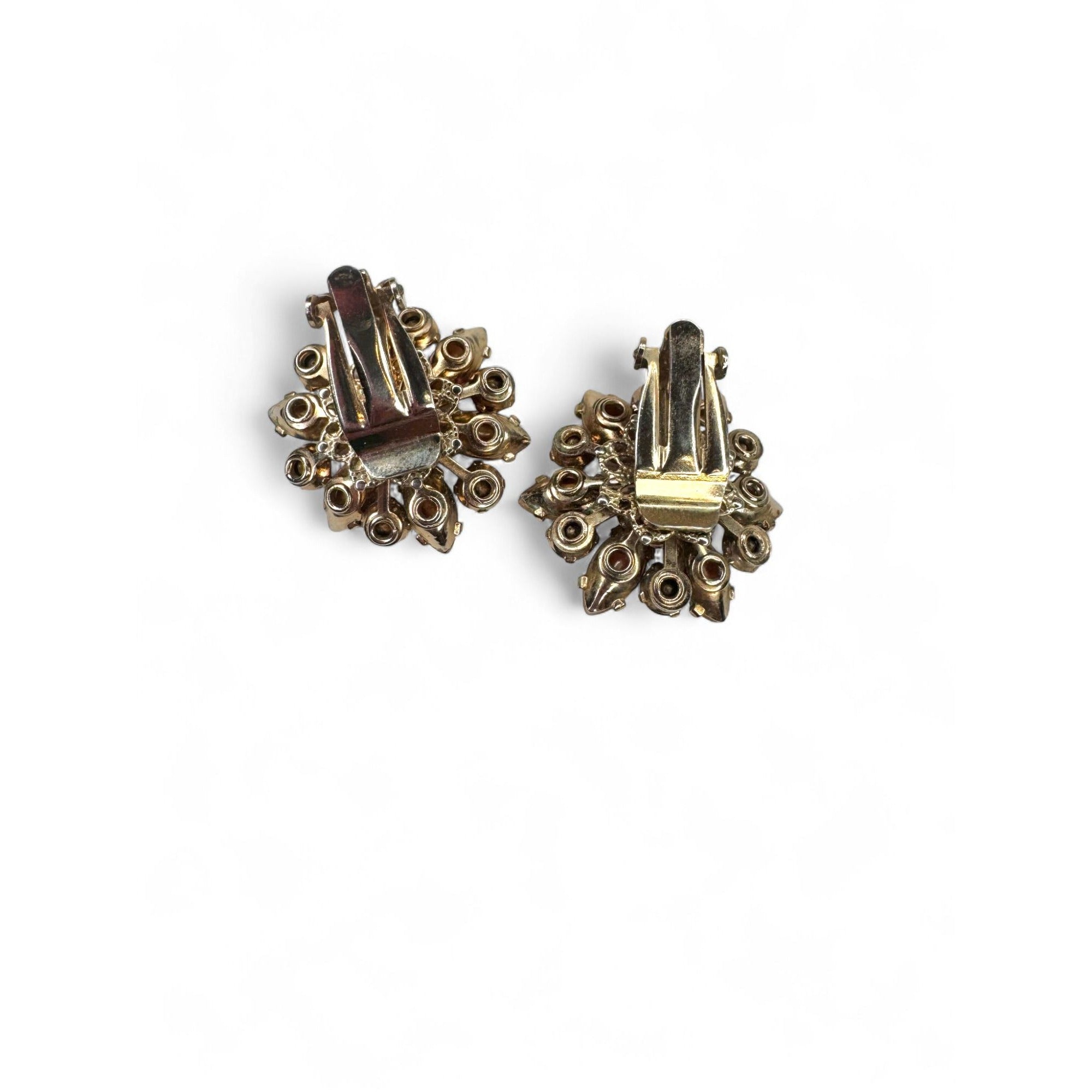 Vintage Flower Brooch Clip On Earrings Set Pink Crystal Faux Pearls