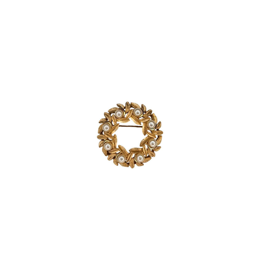 Leaf Wreath Brooch Gold Tone Faux Pearl Avon Vintage