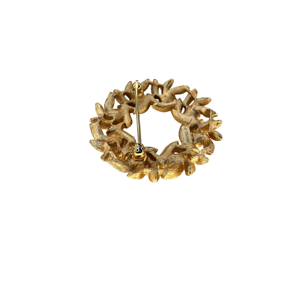 Leaf Wreath Brooch Gold Tone Faux Pearl Avon Vintage